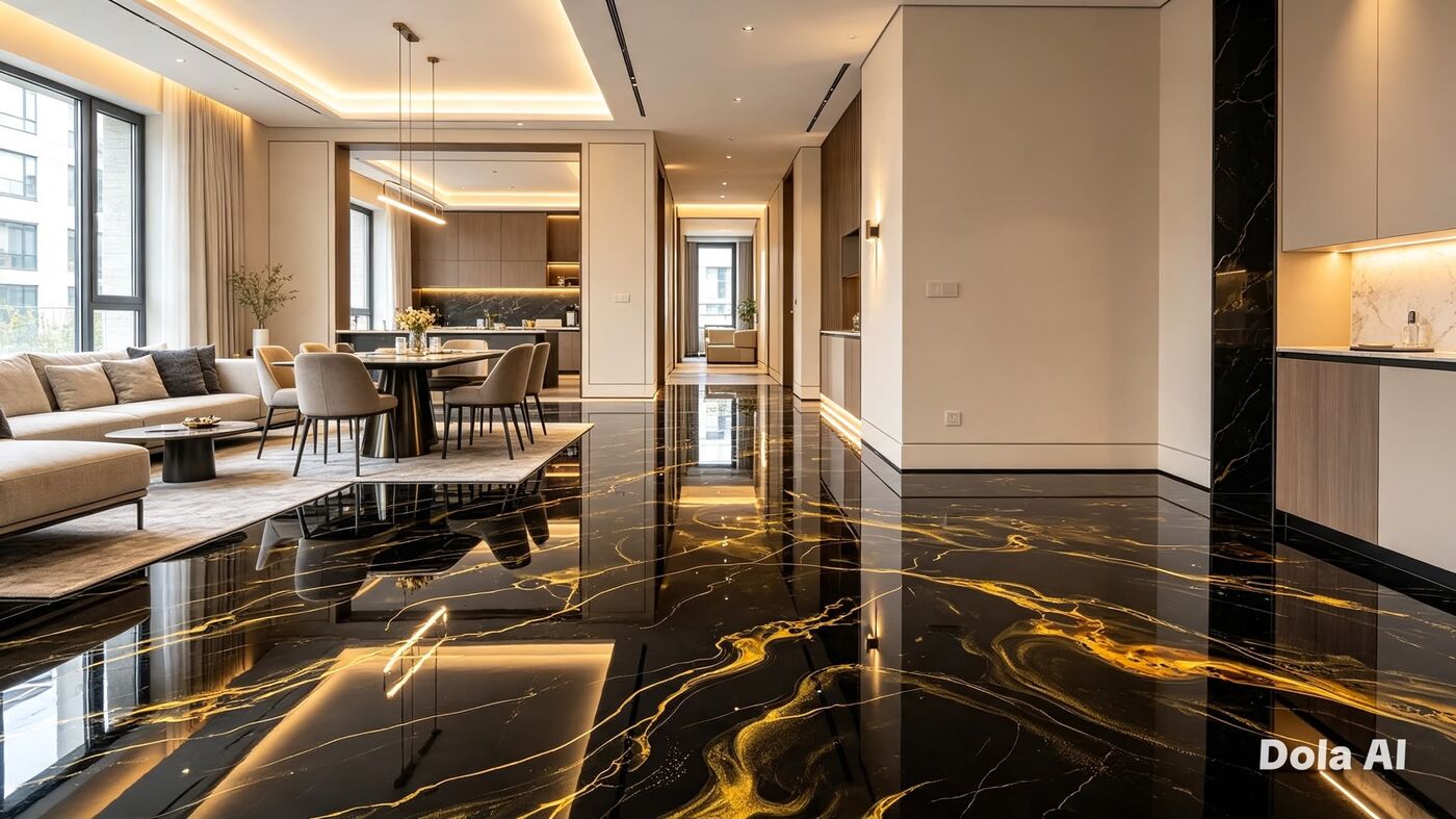 Metallic epoxy resin floor · black and gold, dining room by Artisan Bespoke Walls and Floors, London and Kent