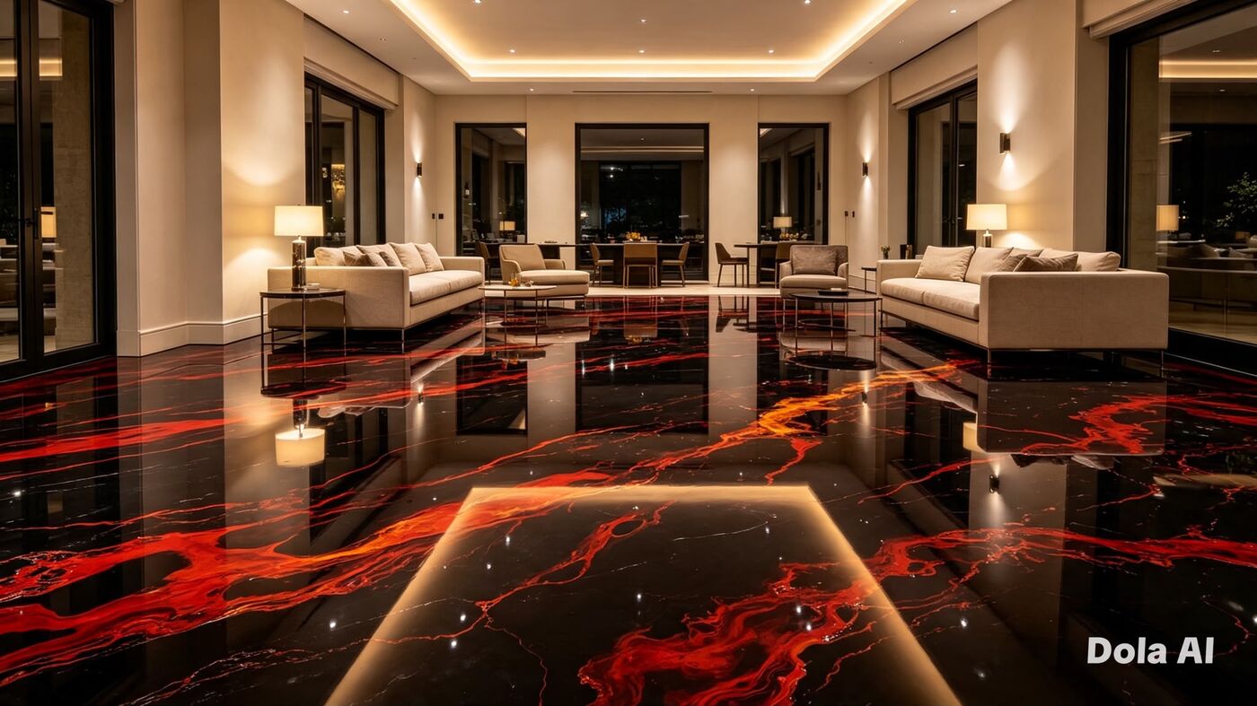 Metallic epoxy resin floor · black and red, lounge by Artisan Bespoke Walls and Floors, London and Kent