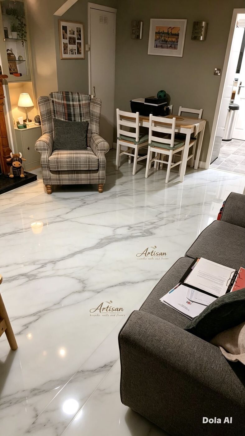 Metallic epoxy resin floor · white marble effect, living room by Artisan Bespoke Walls and Floors, London and Kent
